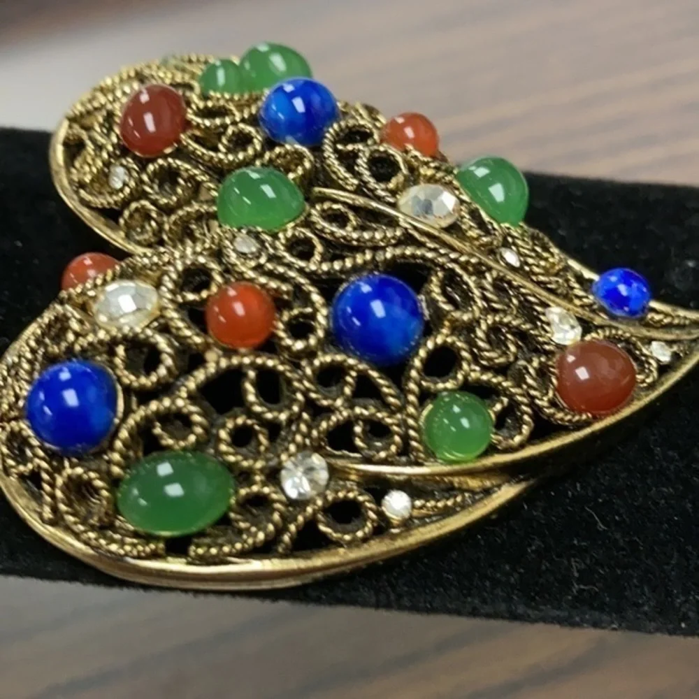 Heart statement pin in antique gold tone with colored faux stones & crystals